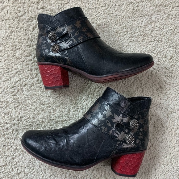 Women's REMONTE Black Leather FLORAL Equestrian RED HEEL Ankle BOOTS Booties 38 - Picture 5 of 8